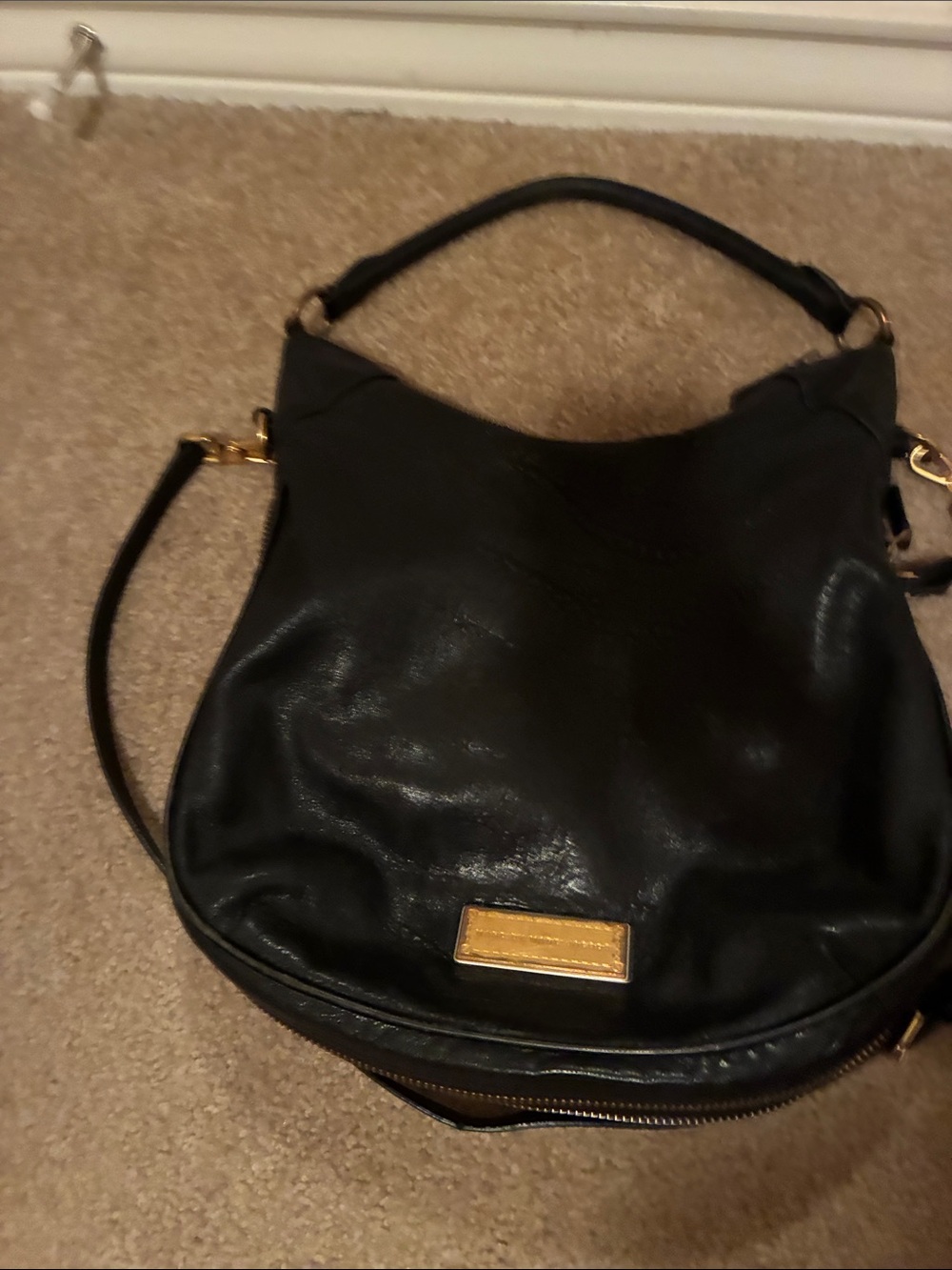 Marc by Marc Jacobs Black Leather Hobo Shoulder Bag with Gold Plaque